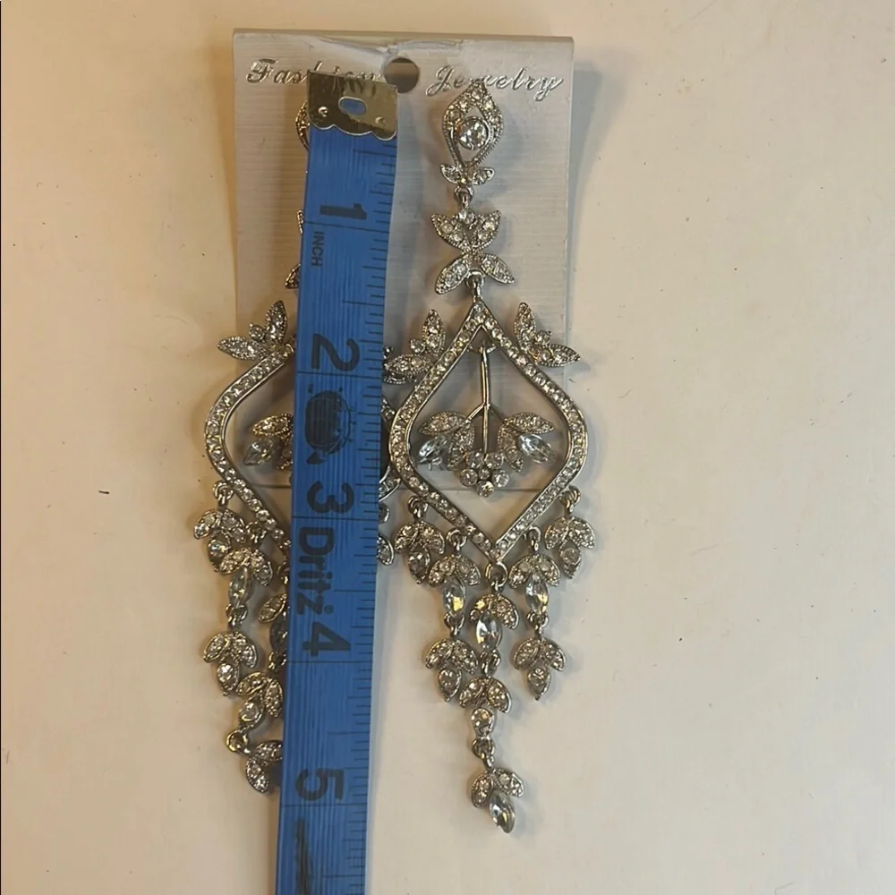 High Glam 5-Inch Silver Rhinestone Drop Earrings Sparkly Statement Jewelry NWOT